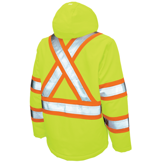 Rear view of Fluorescent Green high-visibility safety jacket with mechanical stretch fabric for optimal movement.