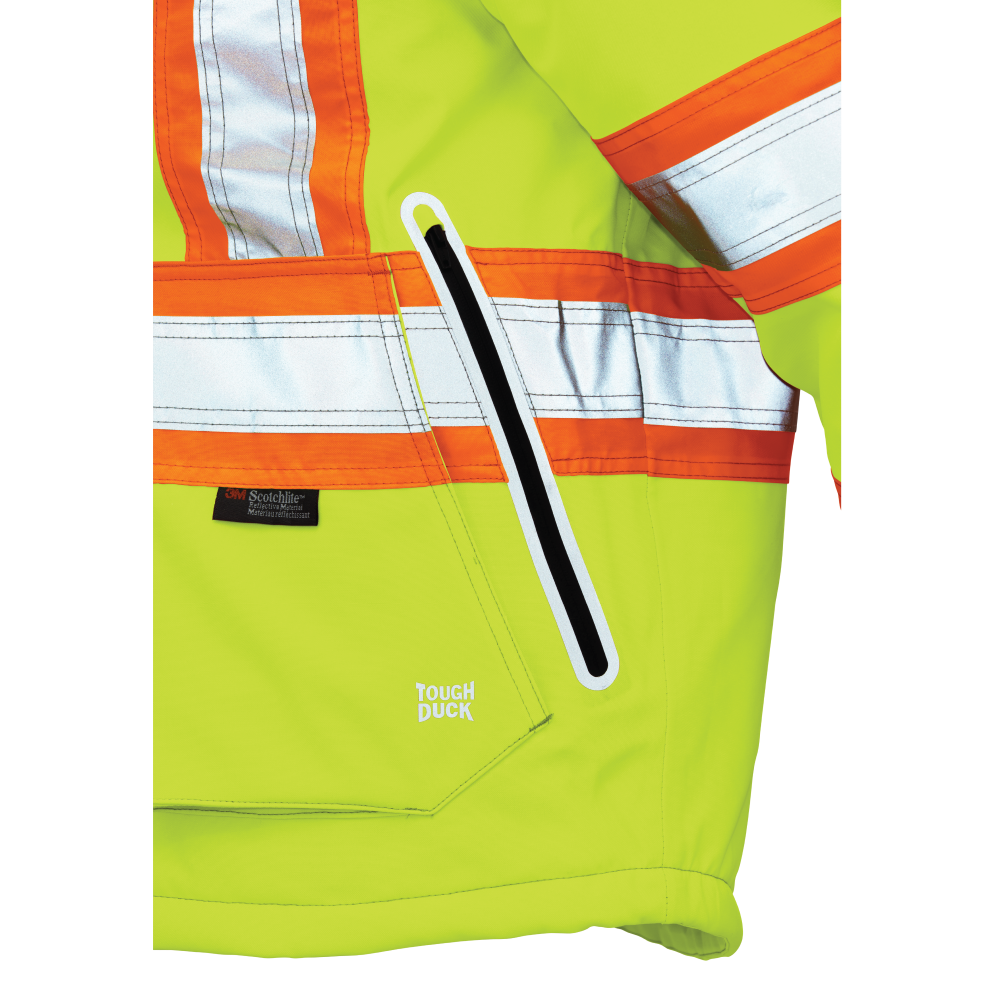 Lower patch pocket and zipper side pocket on Tough Flex safety jacket