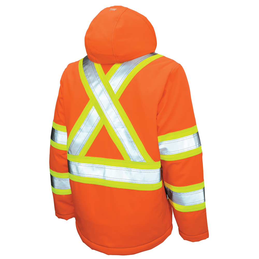 Back of Fluorescent Orange insulated mechanical Tough Flex safety jacket