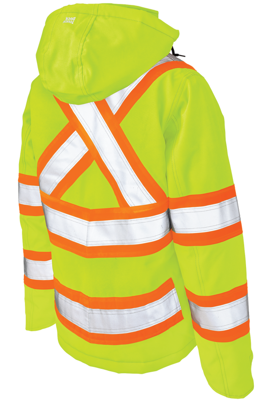 Rear view of womens hi-vis green seam-sealed waterproof safety coat on traffic control shift