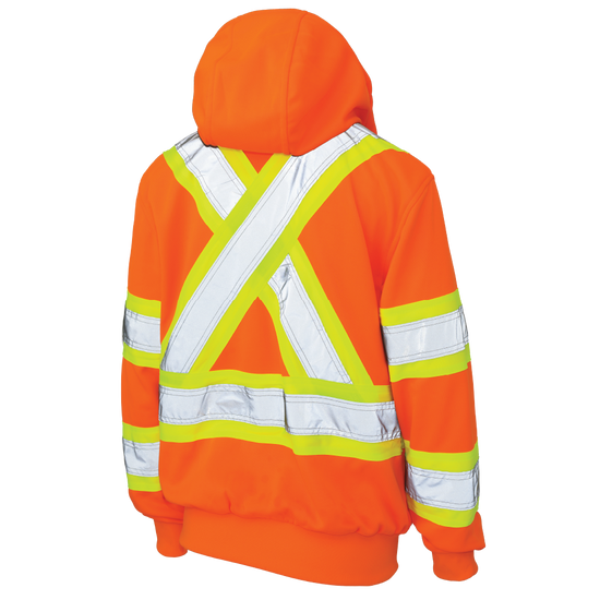 Rear view of womens hi-vis orange waterproof fleece sweatshirt featuring 4 inch contrast backing