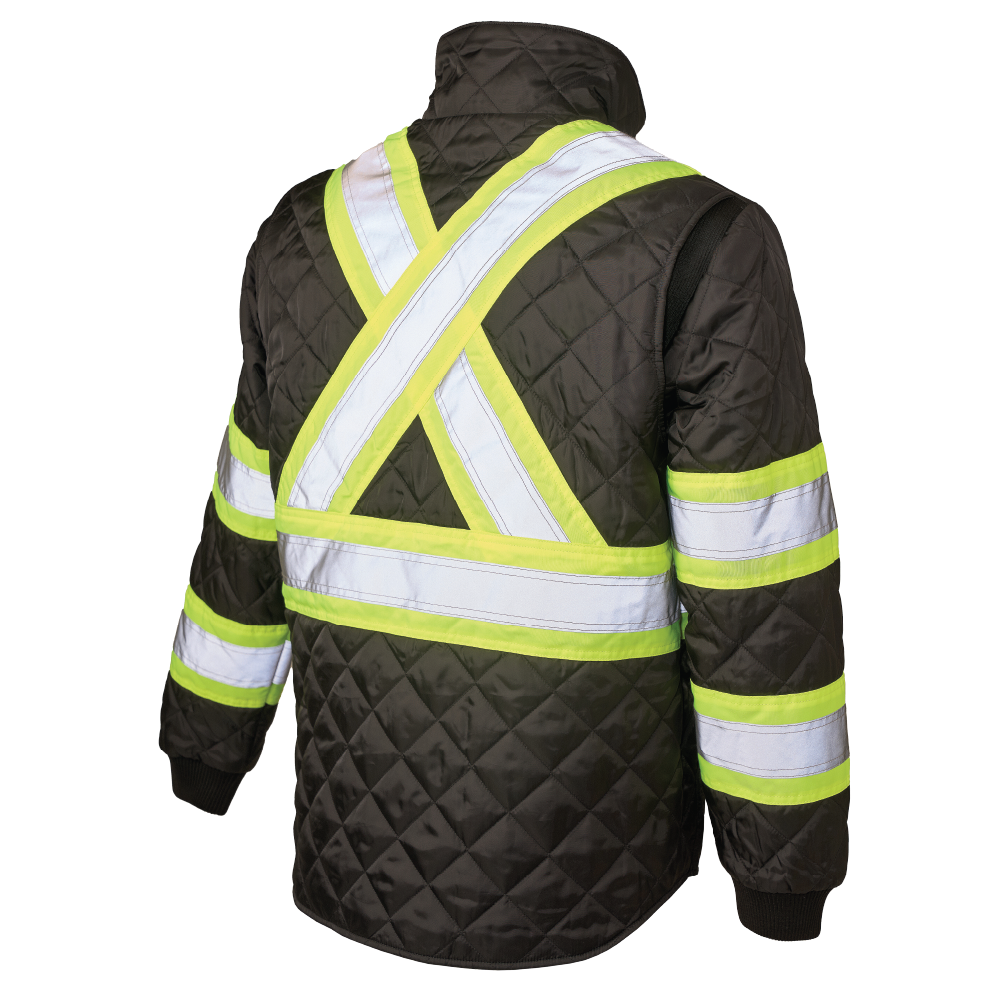 Back of Black quilted safety trucker jacket