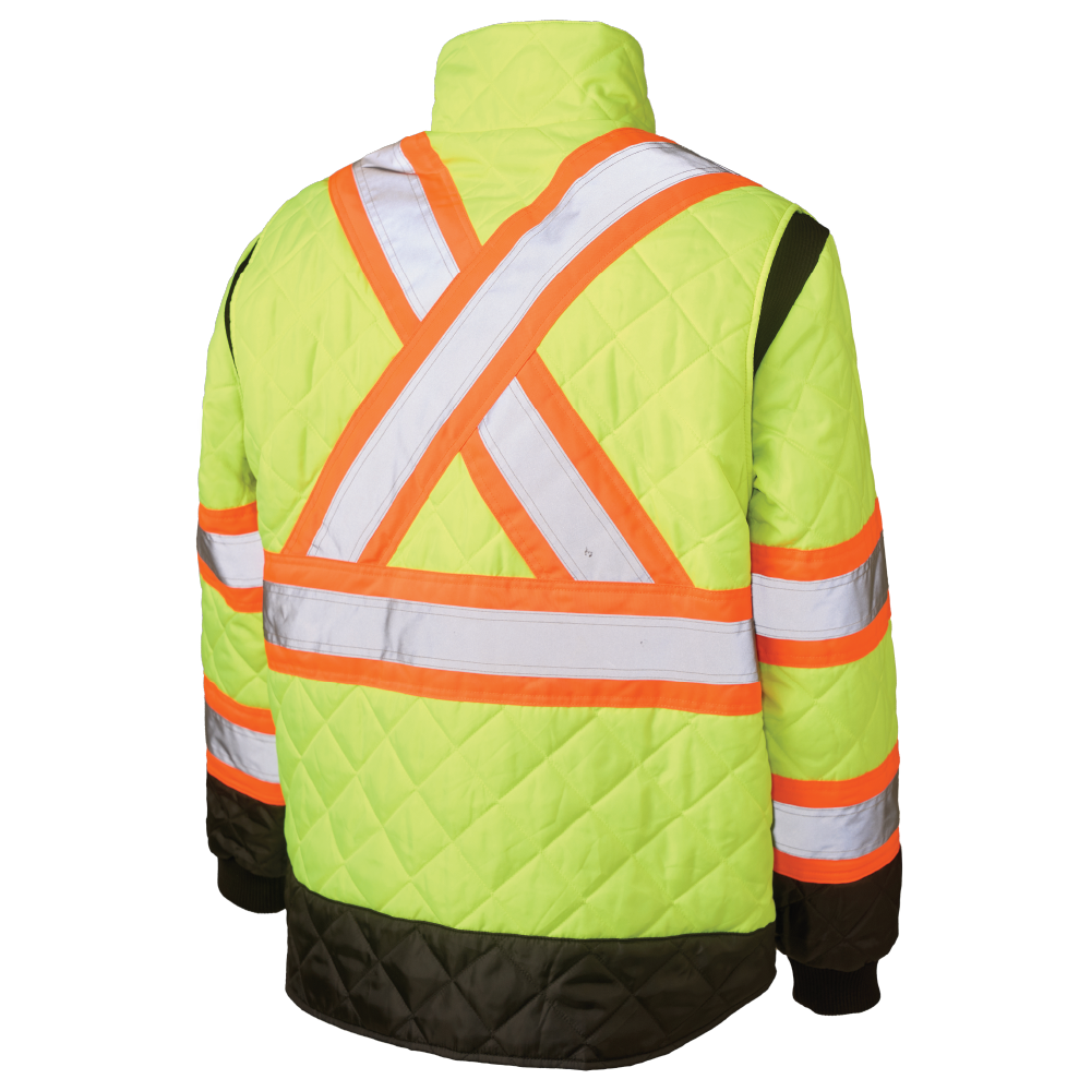 Back of Fluorescent Green quilted safety trucker jacket