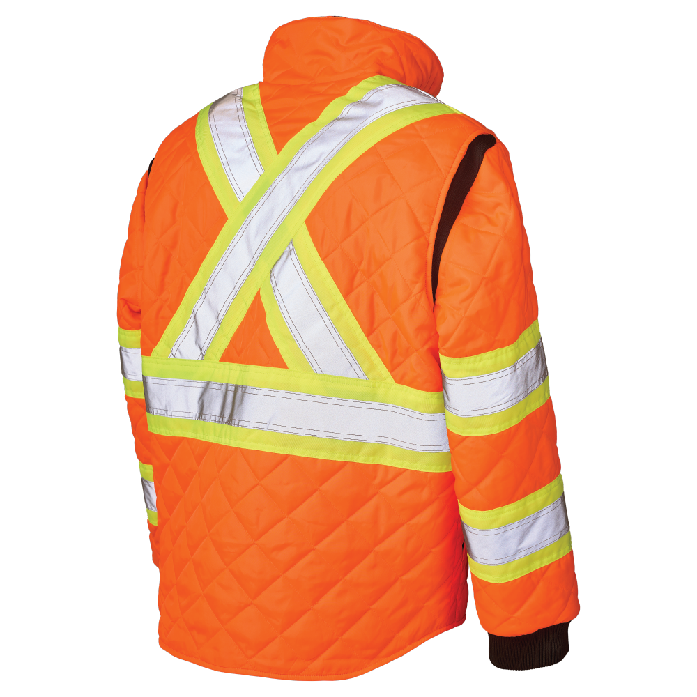 Back of Fluorescent Orange quilted safety trucker jacket