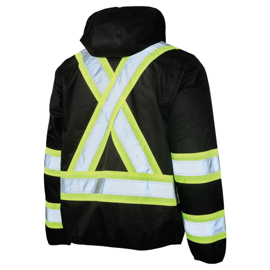 Rear view of black lightweight high-visibility safety jacket with hood removed, featuring reflective stripes and mesh-lined construction.