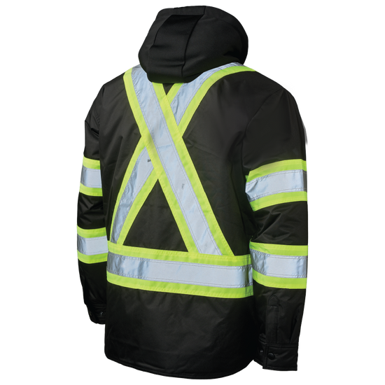 Rear view of high-visibility hooded safety jac-shirt featuring reflective striping for maximum site safety.