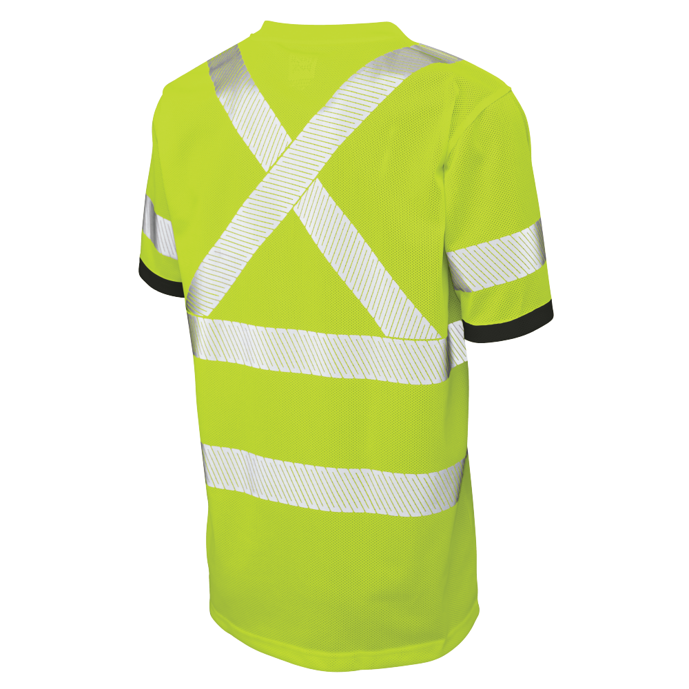 Back of Fluorescent Green and Black micro mesh safety t-shirt
