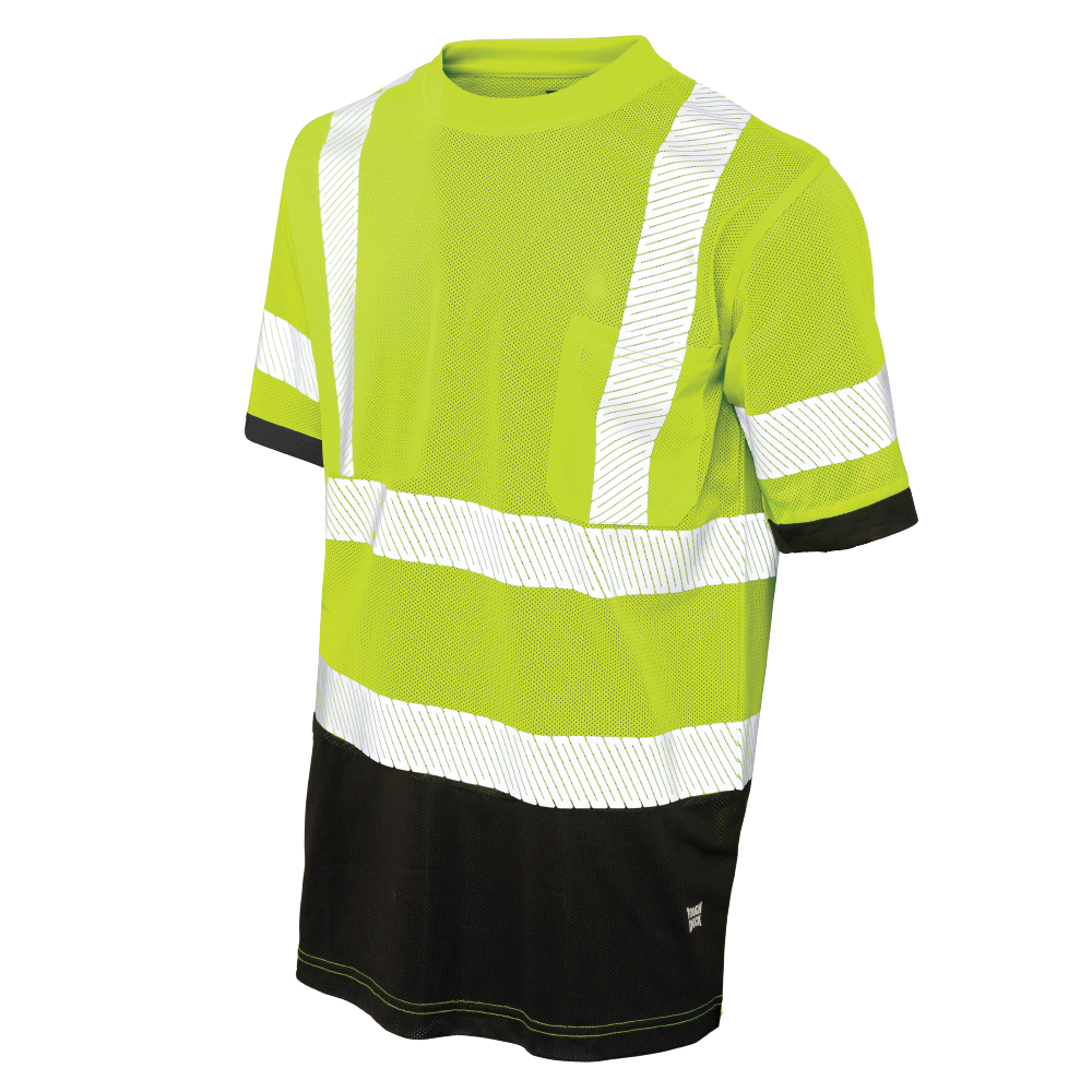 Fluorescent Green and Black micro mesh safety t-shirt with pocket
