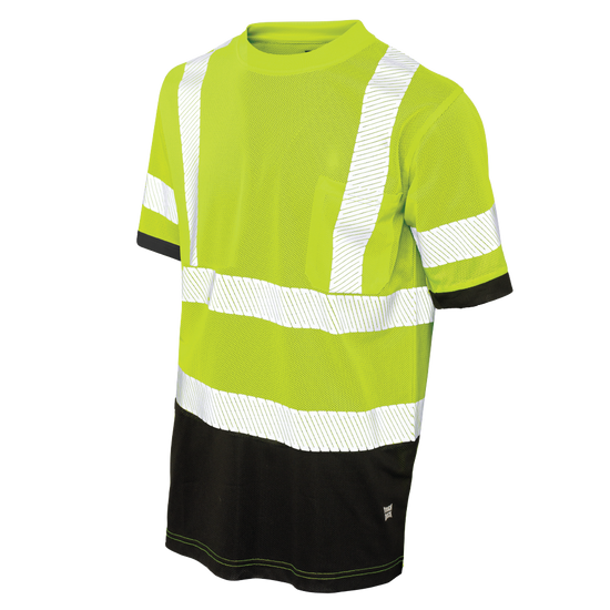 Fluorescent Green and Black micro mesh safety t-shirt with pocket