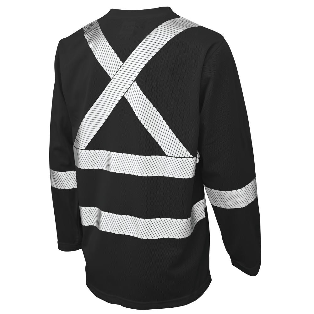 Back of Black micro-mesh long-sleeve safety shirt 