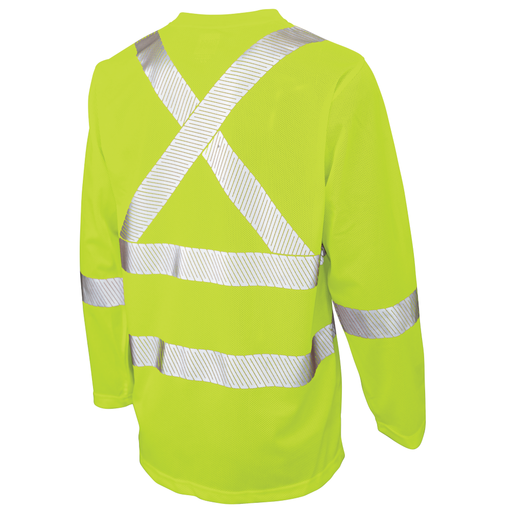 Back of Fluorescent Green micro-mesh long-sleeve safety shirt 
