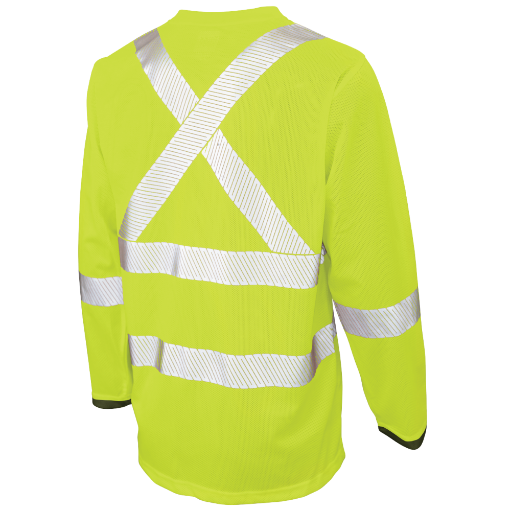 Back of Fluorescent Green and Black micro-mesh long-sleeve safety shirt 