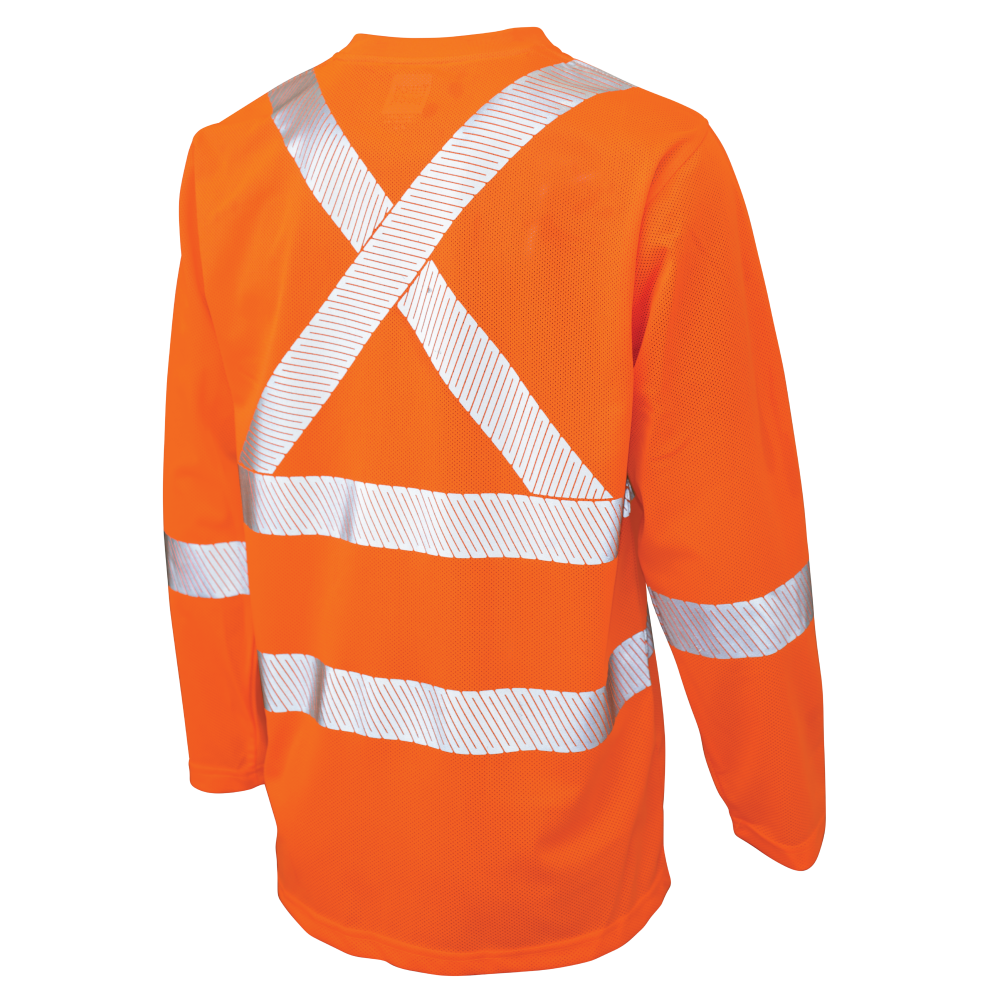 Back of Fluorescent Orange micro-mesh long-sleeve safety shirt 