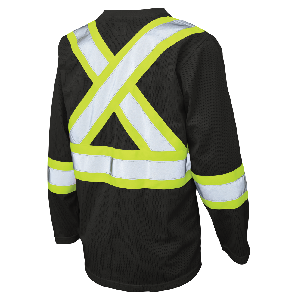 Back of Black micro-mesh long-sleeve safety shirt