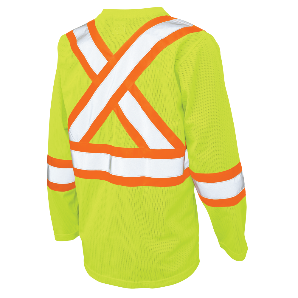 Back of Fluorescent Green micro-mesh long-sleeve safety shirt