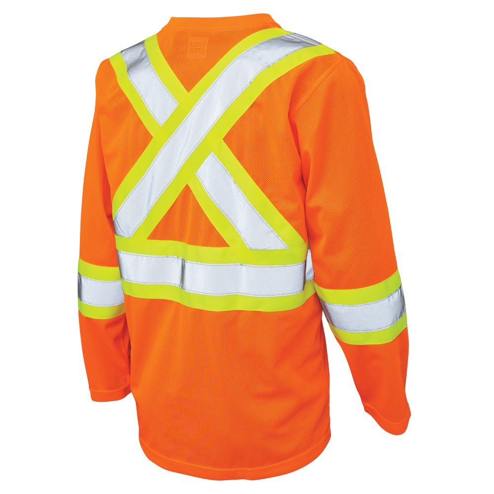 Back of Fluorescent Orange micro-mesh long-sleeve safety shirt