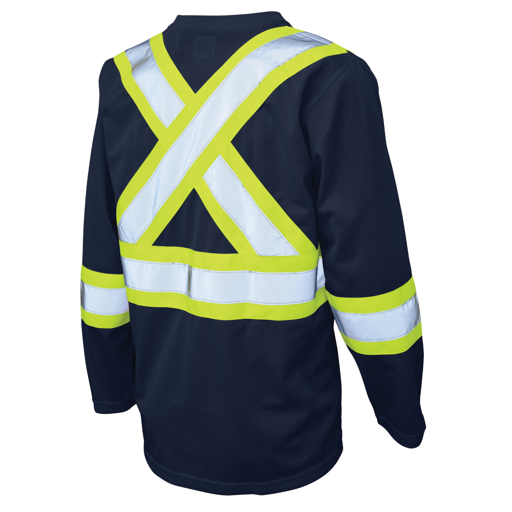 Back of Navy micro-mesh long-sleeve safety shirt