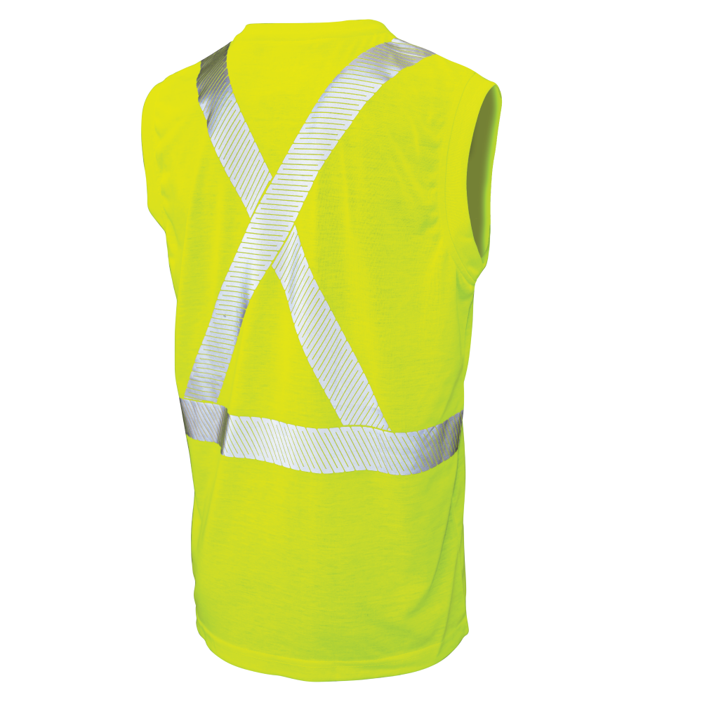 Back of Fluorescent Green sleeveless safety shirt