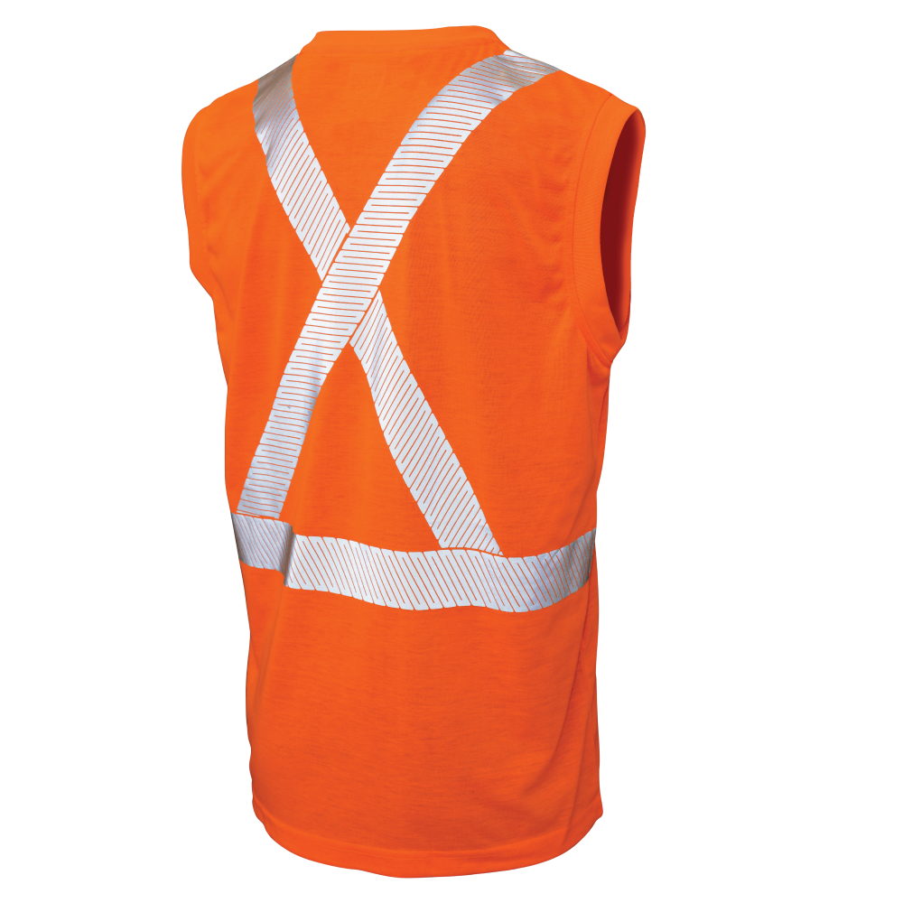 Back of Fluorescent Orange sleeveless safety shirt