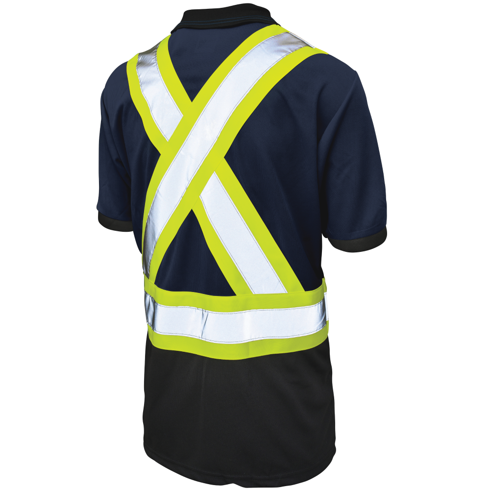 Back of Navy short-sleeve safety polo shirt