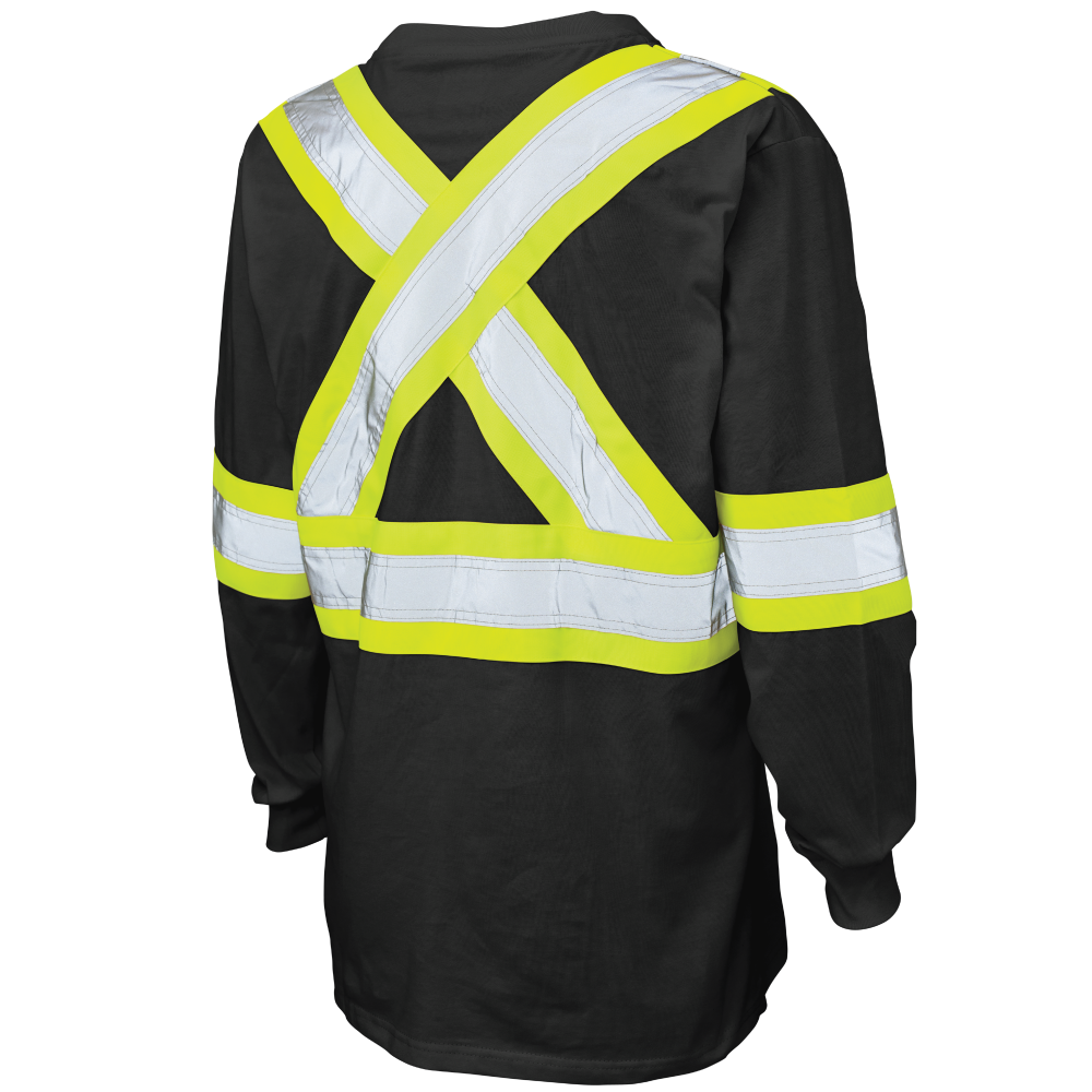 Back of Black cotton jersey long-sleeve safety shirt