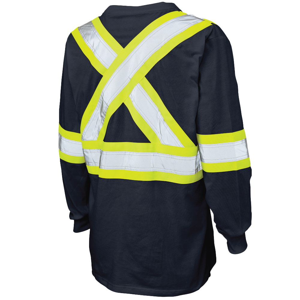 Back of Navy cotton jersey long-sleeve safety shirt