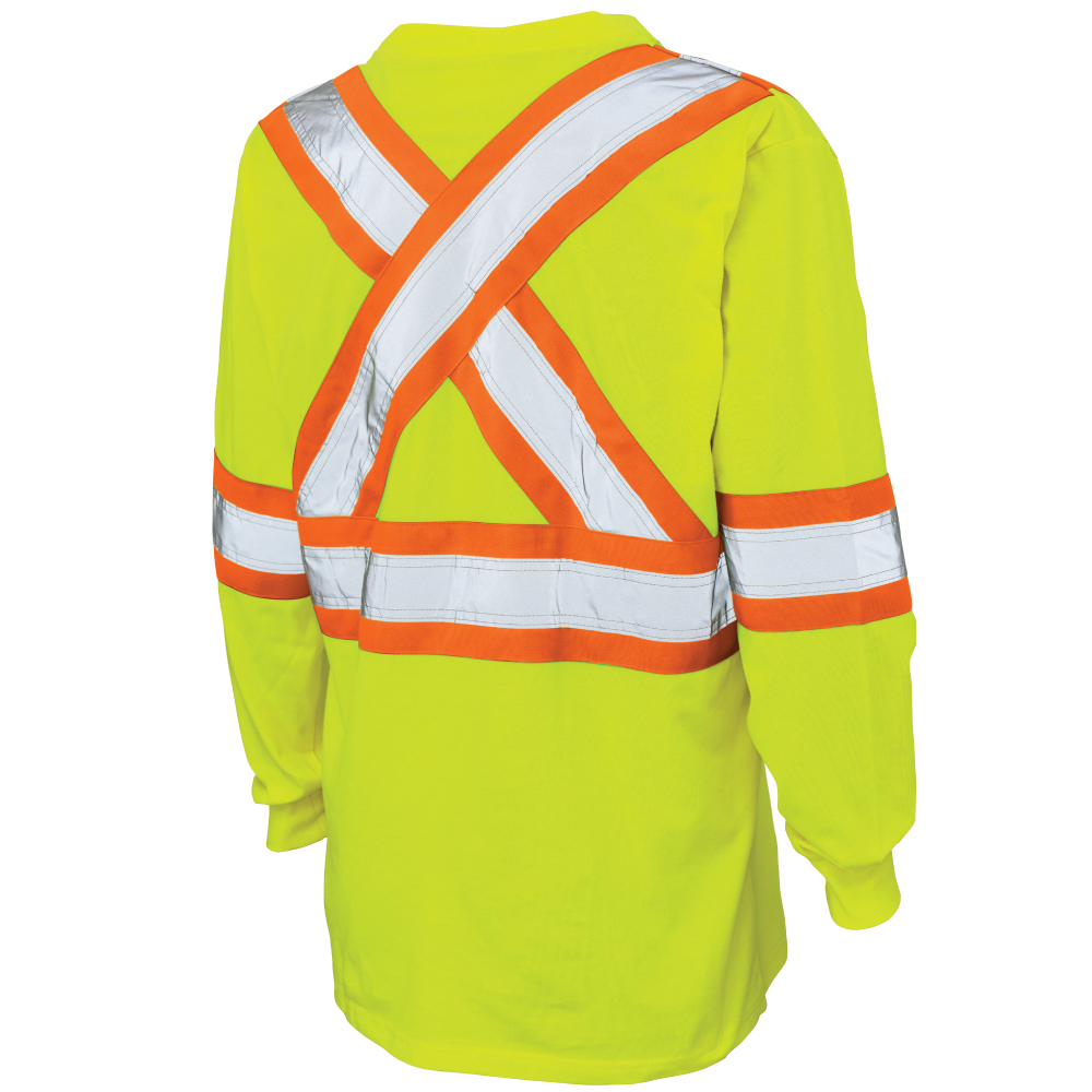 Back of Yellow cotton jersey long-sleeve safety shirt