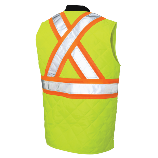 Rear view of Fluorescent Green quilted safety vest for all-weather site visibility