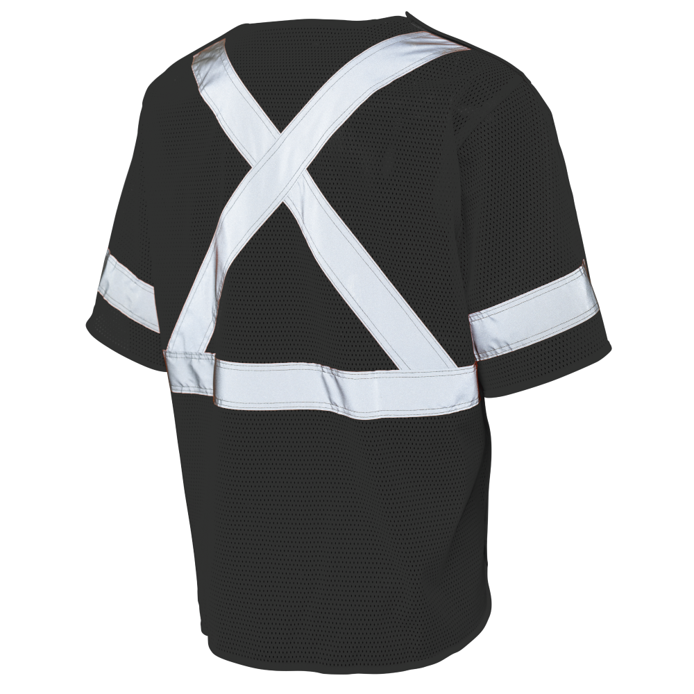 Back of Black mesh safety vest with sleeves
