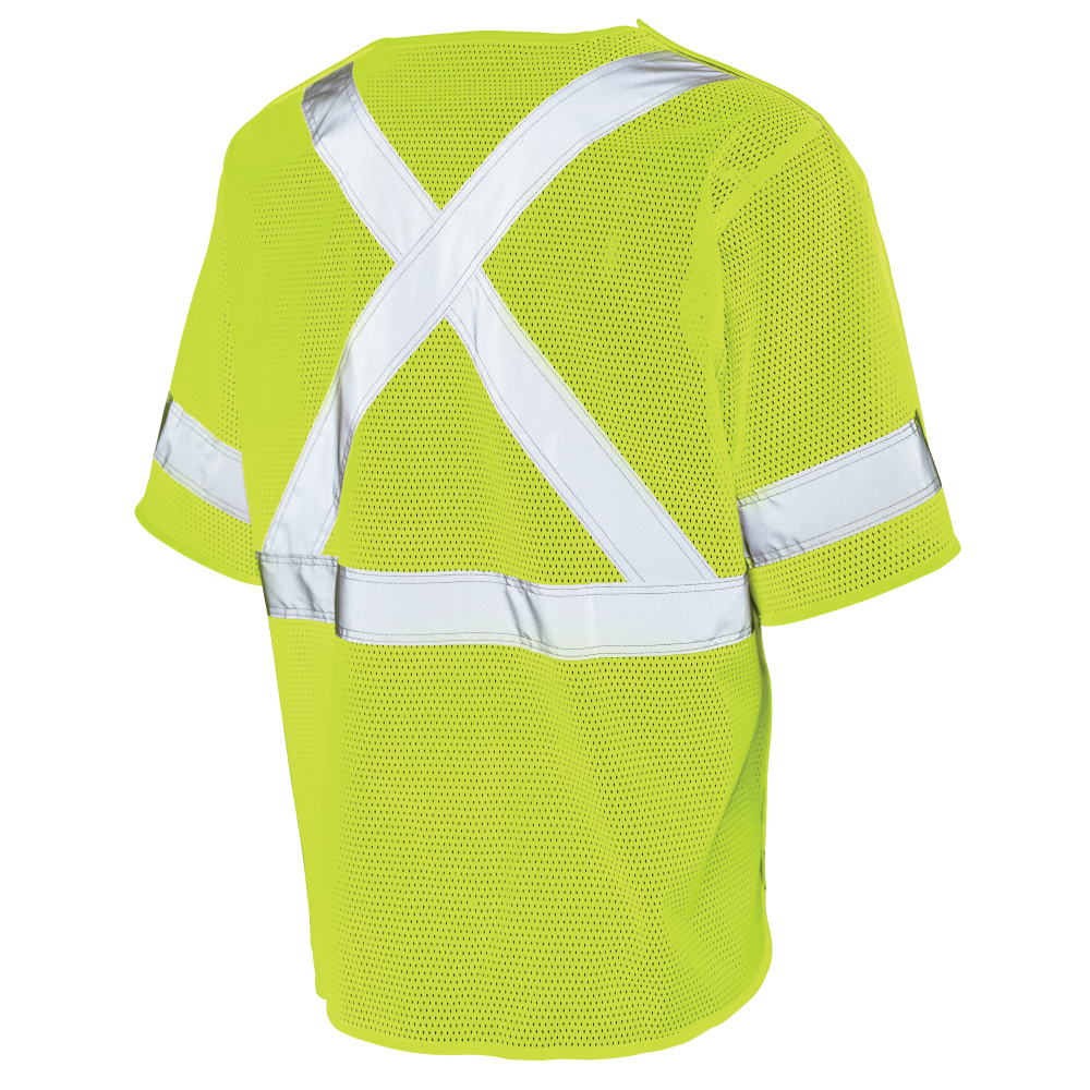 Back of Fluorescent Green mesh safety vest with sleeves
