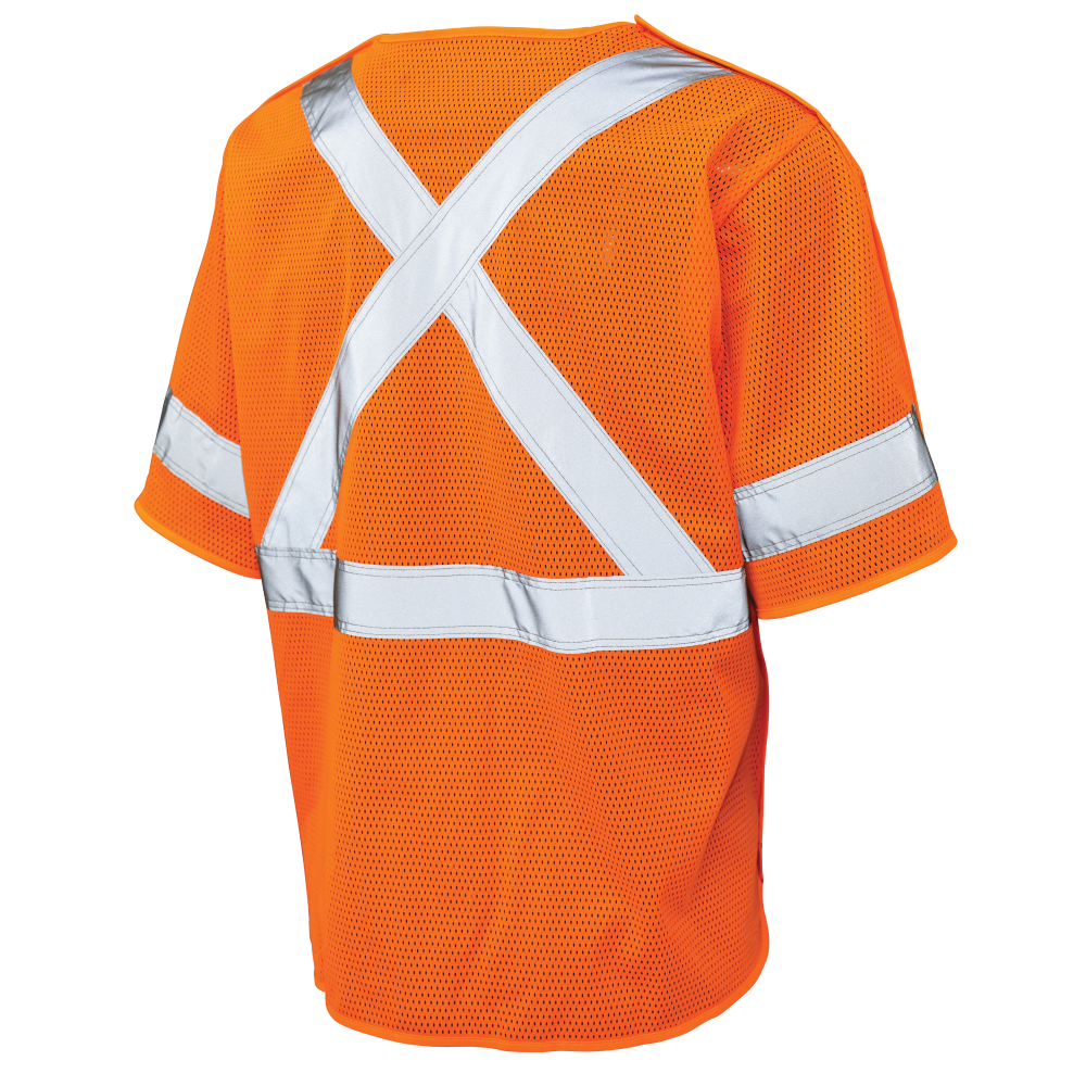 Back of Fluorescent Orange mesh safety vest with sleeves