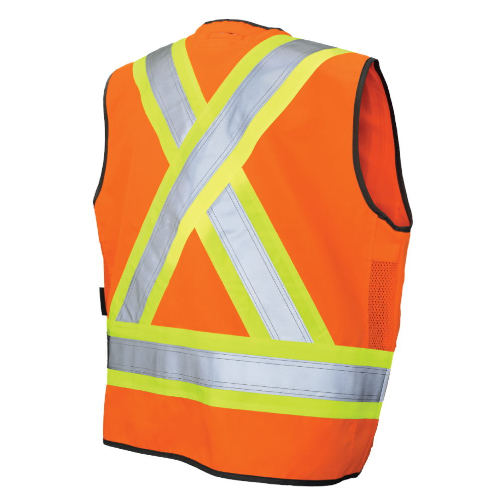 Back of Fluorescent Orange poly twill zip-up safety vest