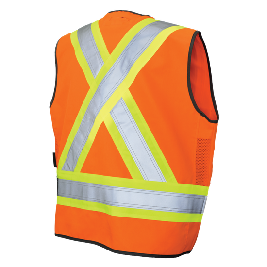 Rear view of orange poly twill safety vest with safety harness opening
