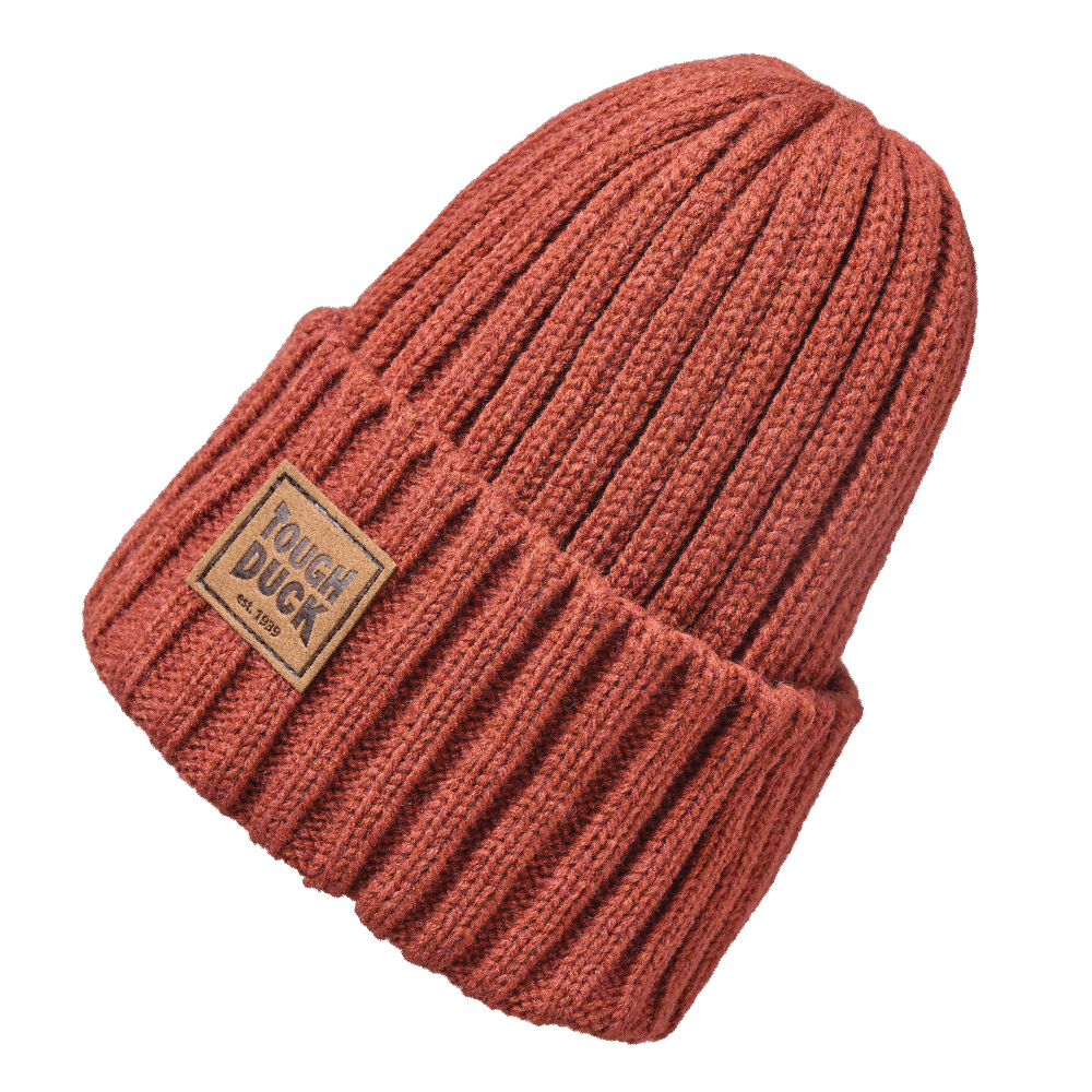 Brick ribbed wool blend watch cap beanie with brown logo patch