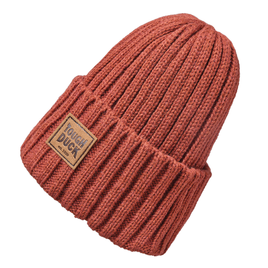 Brick ribbed wool blend watch cap beanie with brown logo patch