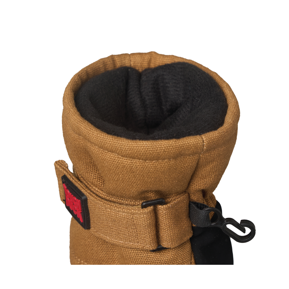 Close-up detail of adjustable wrist tab and nose-wipe thumb panel on waterproof winter glove.