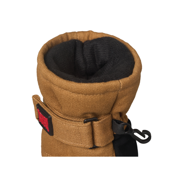 Close-up detail of adjustable wrist tab and nose-wipe thumb panel on waterproof winter glove.