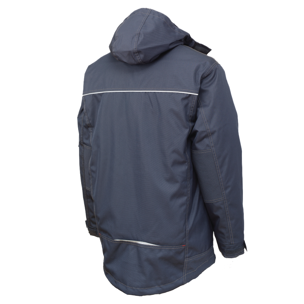 Back of navy poly oxford parka with hood