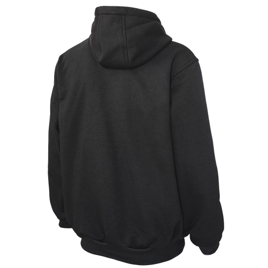 Rear view of black water-repellent workwear hoodie showing durable screen-printed sleeve logo