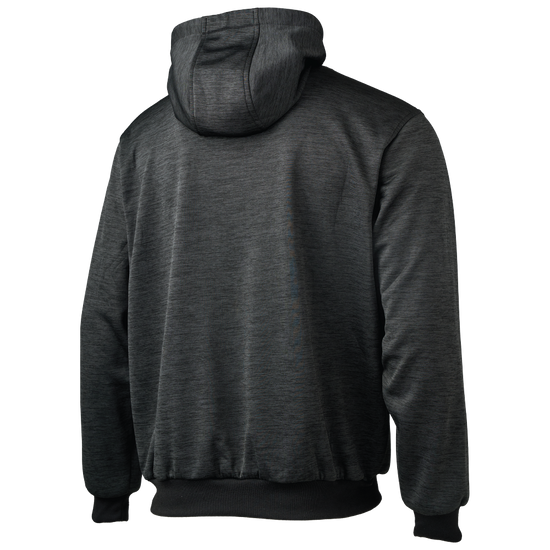 Rear view of Charcoal work hoodie with durable construction and comfortable set-in sleeves for work.
