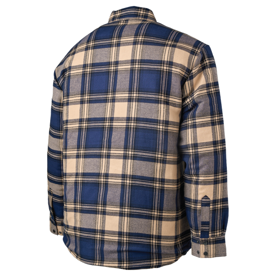 Rear view of navy beige plaid insulated work shirt showing clean double preshrunk tailoring