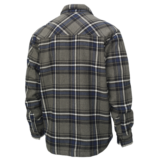 Rear view of charcoal navy plaid work jacket featuring durable water-repellent cotton finish