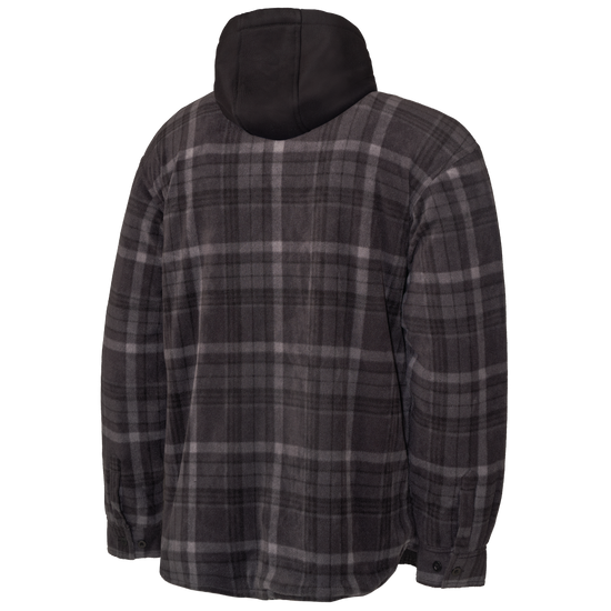 Rear view of Charcoal Plaid hooded fleece jac-shirt highlighting comfortable fit.