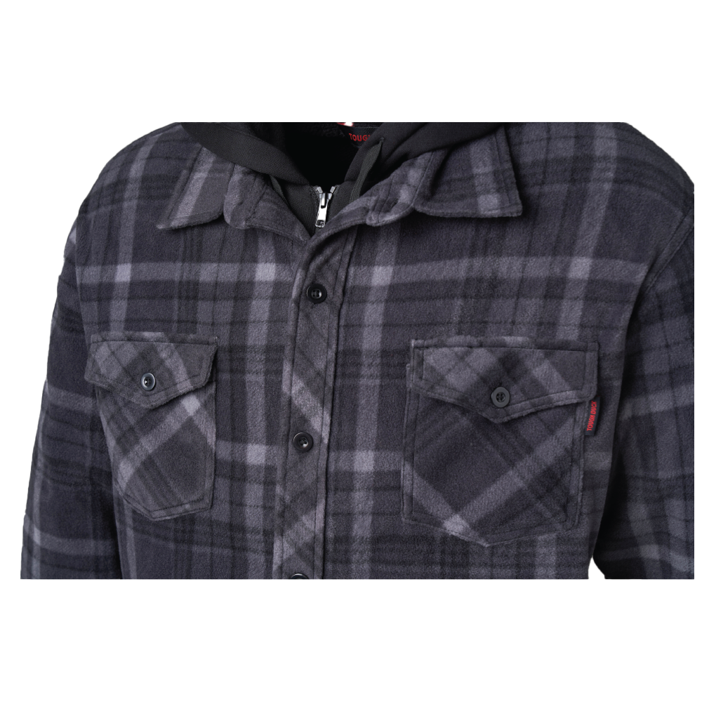 Upper chest pockets on charcoal plaid jac-shirt