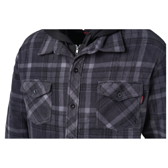 Upper chest pockets on charcoal plaid jac-shirt