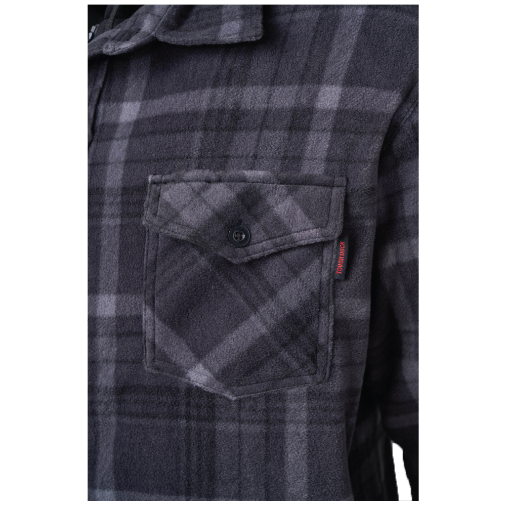 Upper chest pocket on charcoal plaid jac-shirt