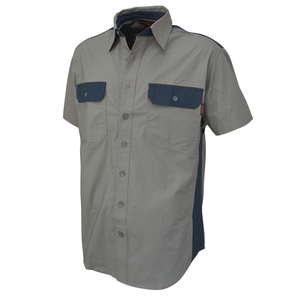 Navy/Grey Short-Sleeve Stretch Ripstop Colour Block Shirt WS18 Front image