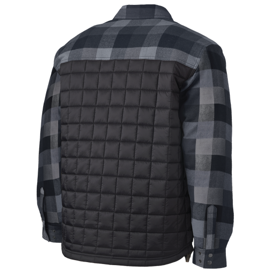 Rear view of Blue Plaid hybrid quilted flannel work shirt, featuring a black insulated quilted back panel.