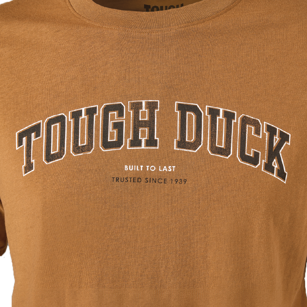 Brown t-shirt with graphic reading "Tough Duck. Built to Last. Trusted Since 1939"