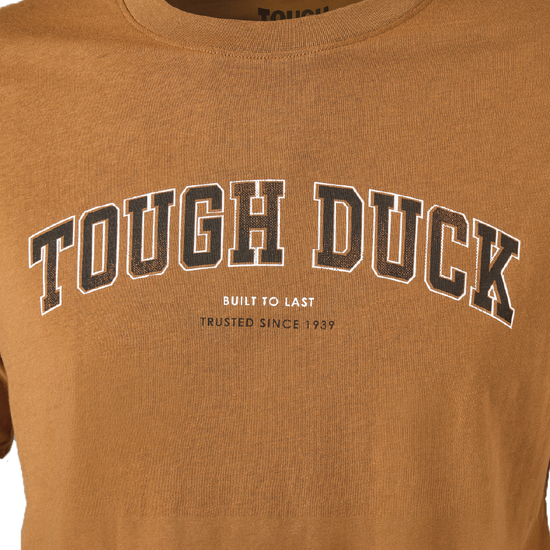 Brown t-shirt with graphic reading "Tough Duck. Built to Last. Trusted Since 1939"
